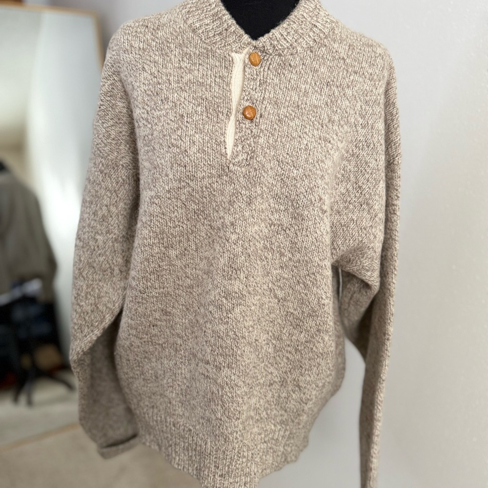 Vintage 80s J.J. Cochran Wool Henley Sweater Oatmeal Chunky Knit L - Picture 4 of 11